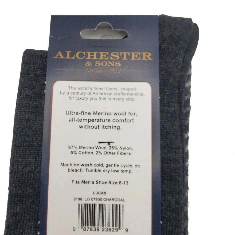Charcoal Black Wool Crew Socks Mens Large Dress Alchester Lucas Herringbone NEW